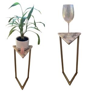 Unique Two Legged Triangle Marble Plant Stand/Drink Table With Gold Metal Frame